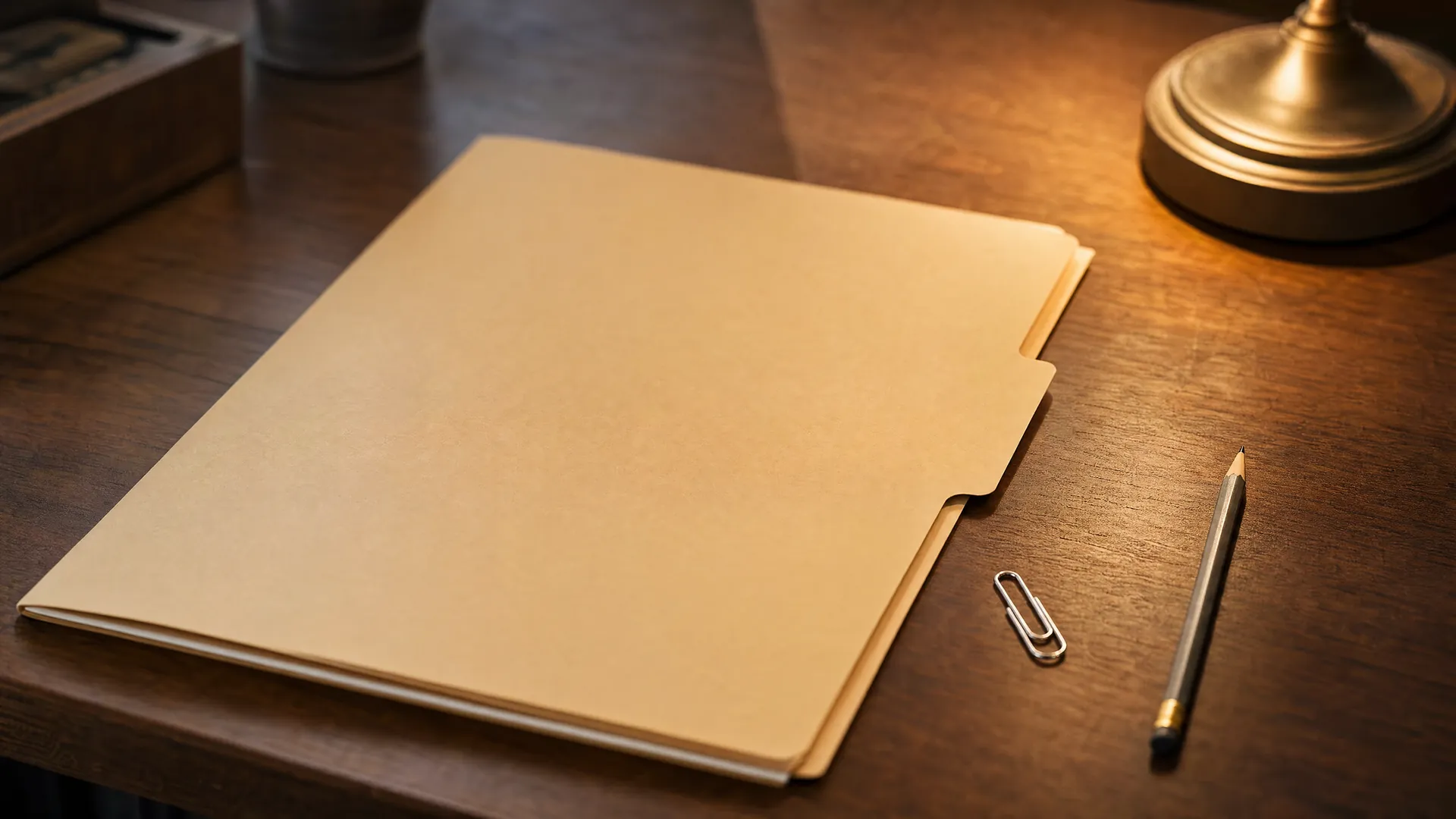A closed folder on a wooden desk beside a paper clip and a pencil in warm lamp light