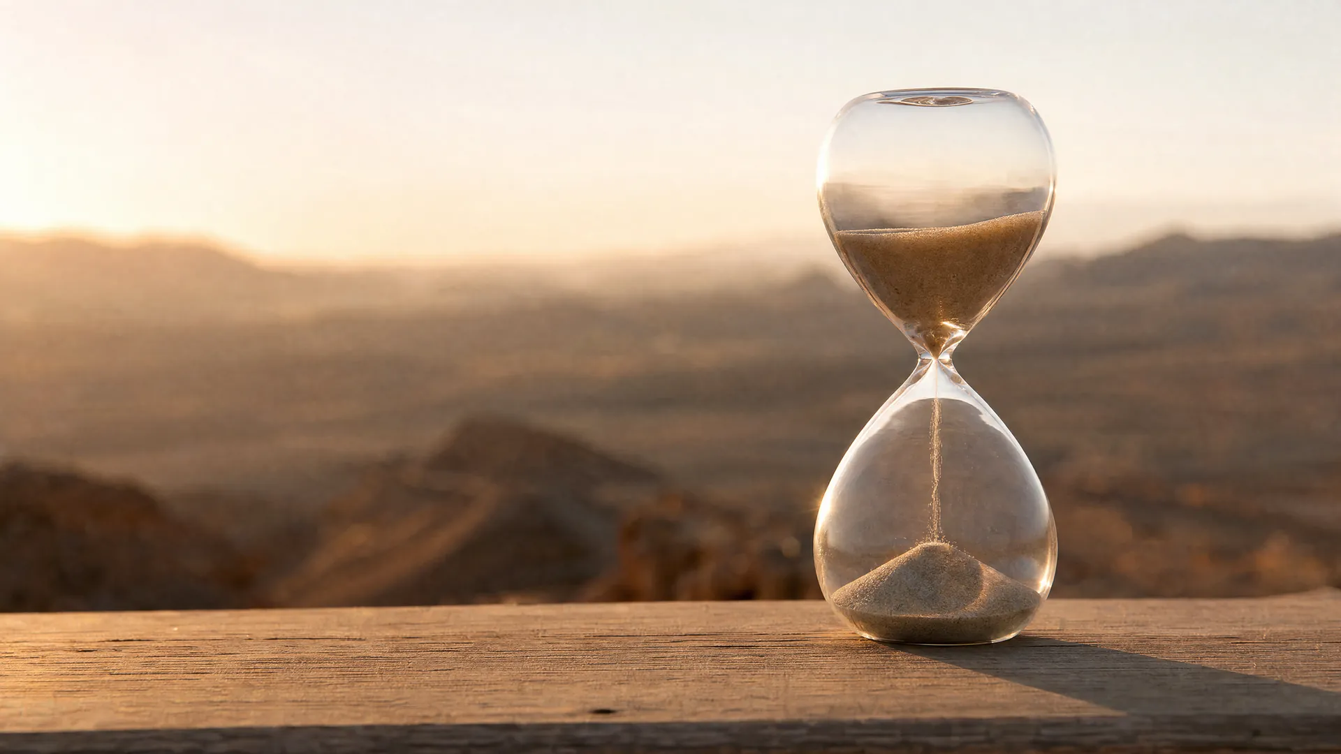 An hourglass on a wooden surface in warm low light with blurred desert hills behind