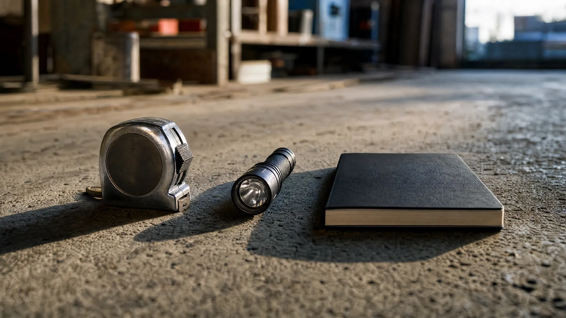 A tape measure, a flashlight and a closed notebook on a concrete workshop floor in side light