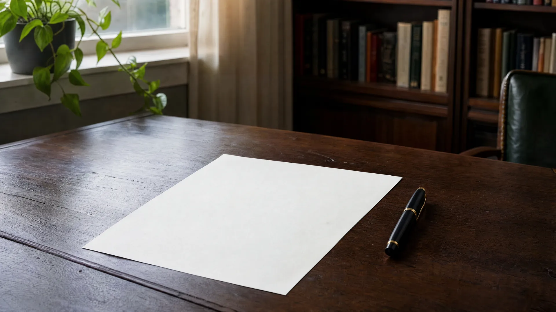 A blank sheet of paper and a closed pen on a dark wooden desk in soft window light
