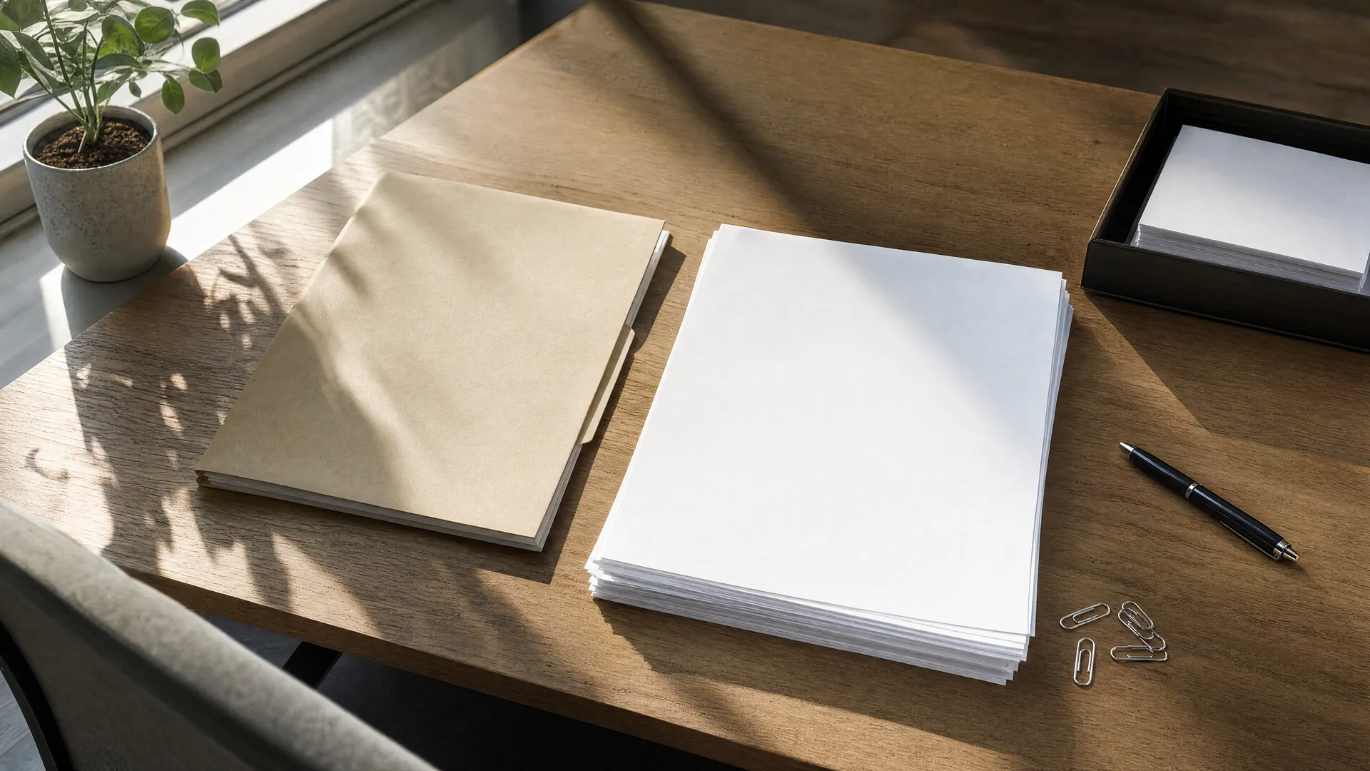 A wooden desk seen from above with blank pages, a closed folder and paper clips in natural light