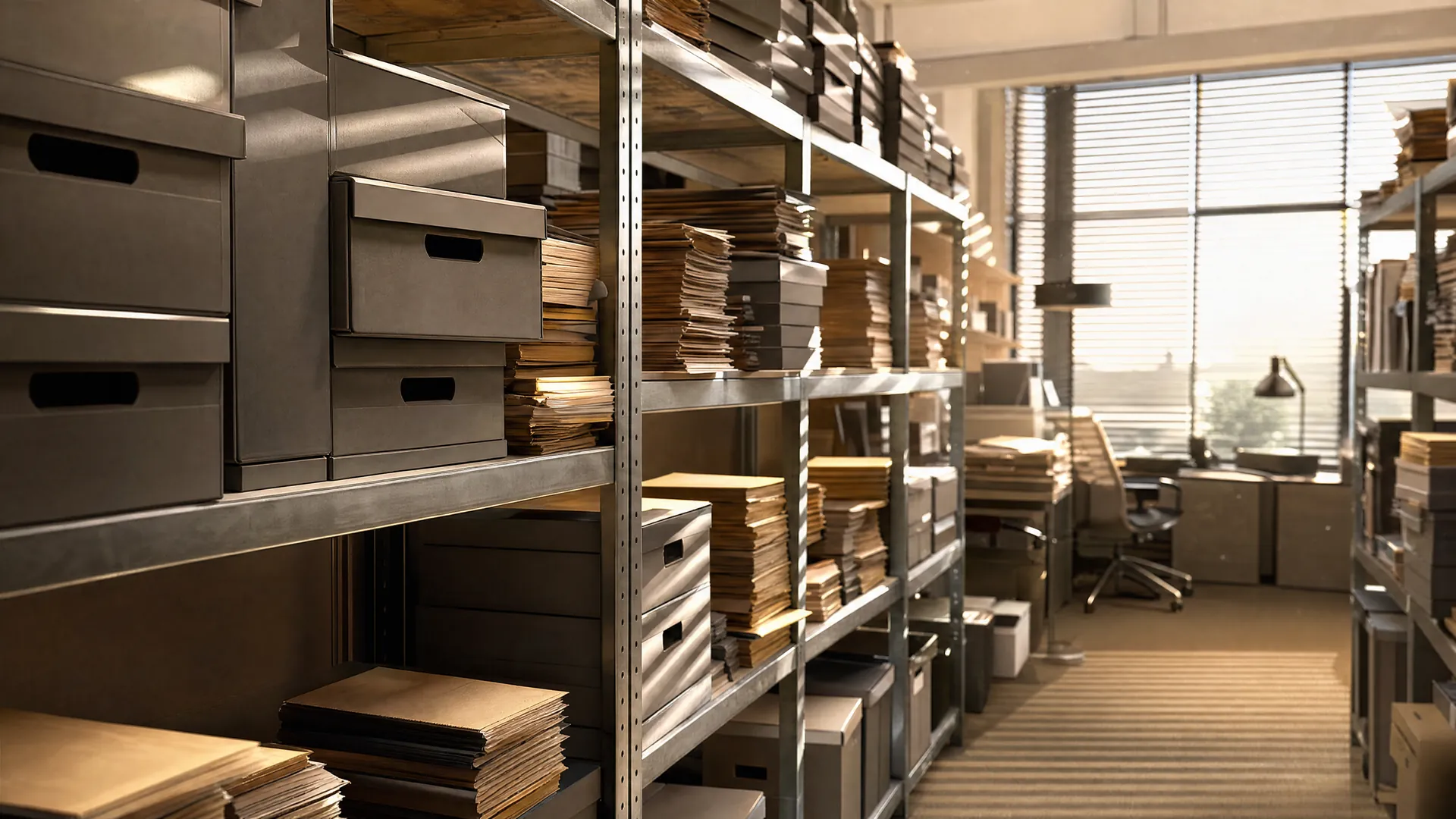 Archive boxes and folders on metal shelves in afternoon light falling in diagonal stripes