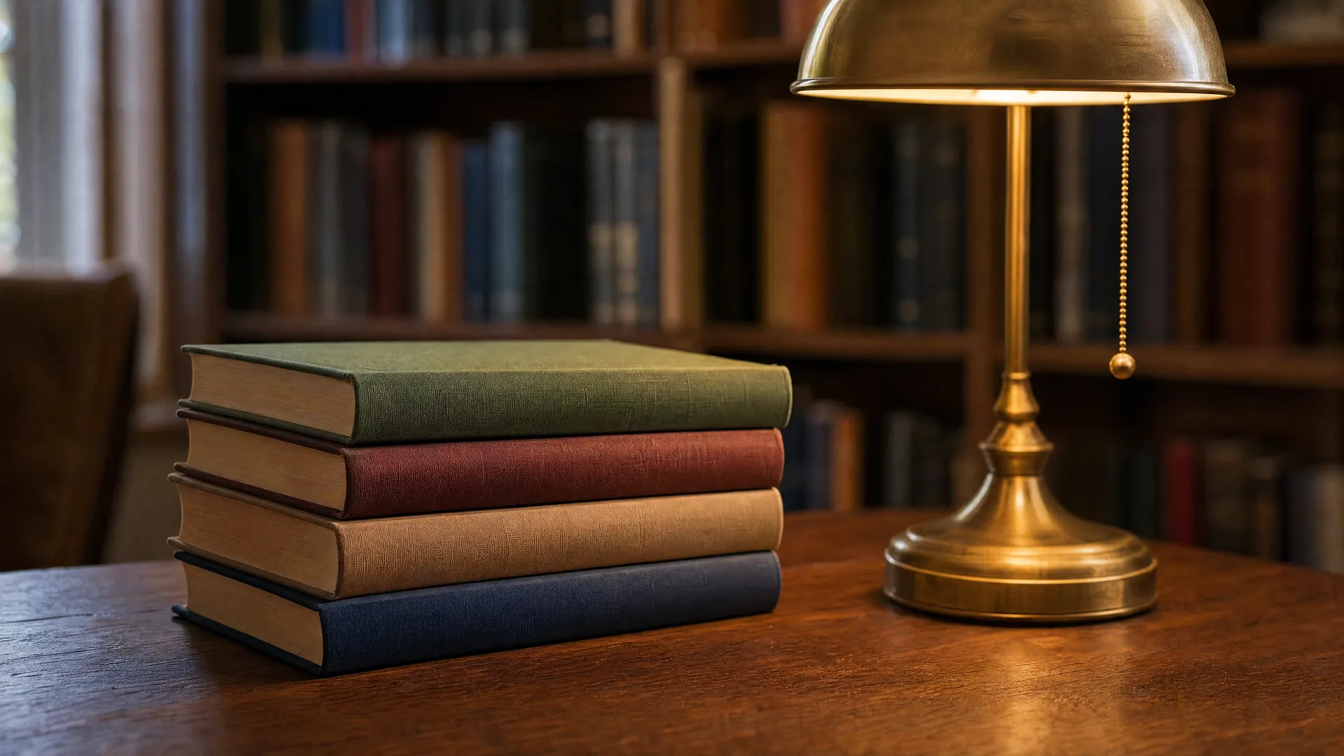 Una pila de libros cerrados junto a una lámpara de lectura sobre una mesa de madera con luz cálida