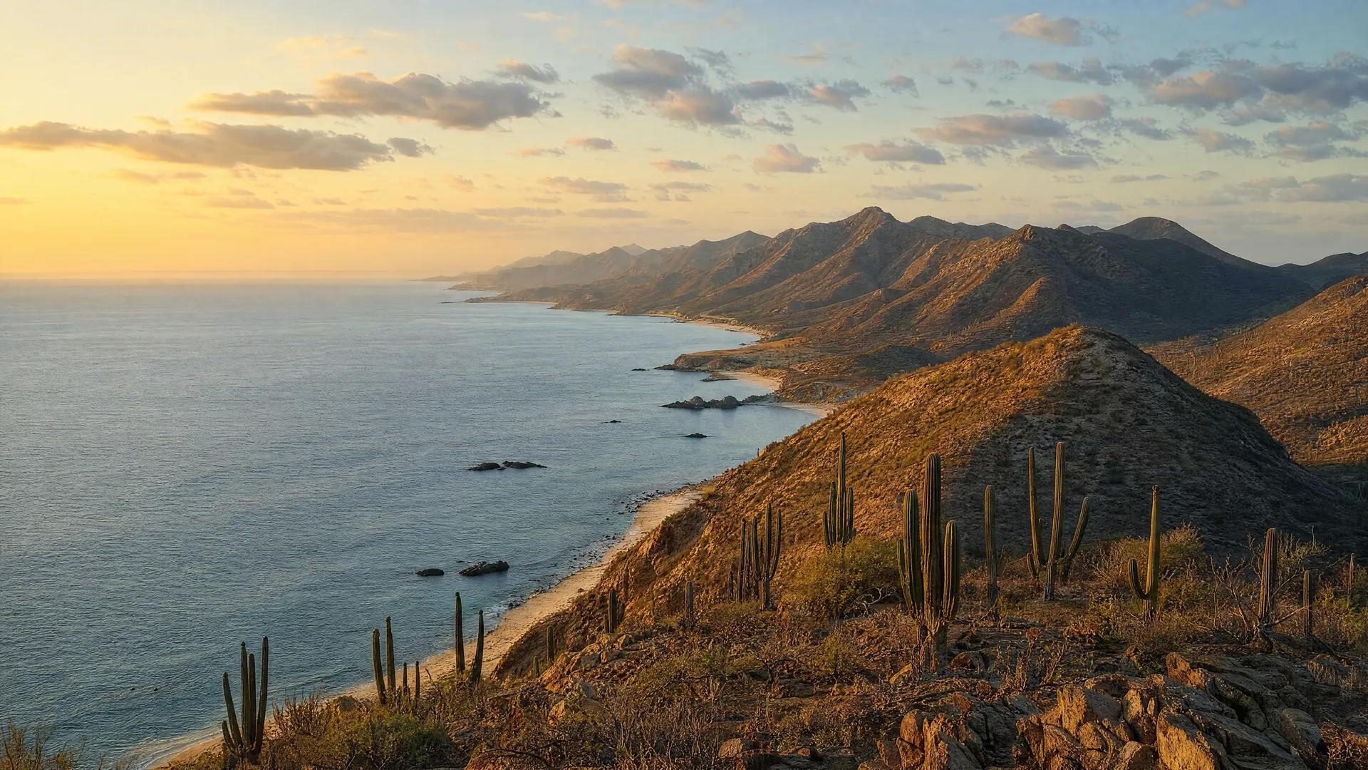 The coast of San José del Cabo with desert hills and the sea at sunset